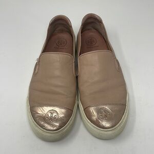 Tory Burch Blush Leather Slip-On Sneakers with Metallic Rose Cap Toe